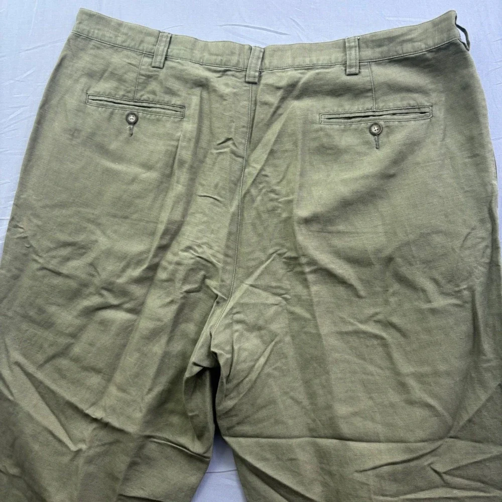 Eddie Bauer Mens 42 Tall Olive Green Linen Cotton Blend Pleated Chino Pants